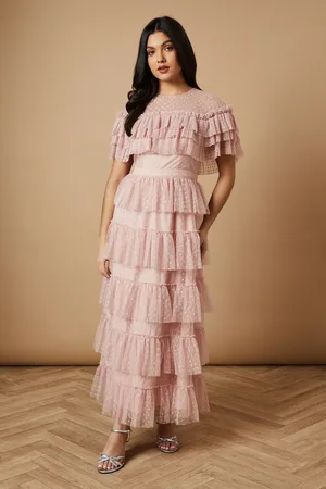 Oasis Spot Mesh Ruffle Detail Maxi Dress