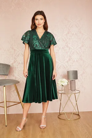 Yumi Embellished Velvet Wrap Skater Midi Dress