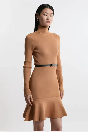 Karen Millen Viscose Blend Knit Roll Neck Belted Flippy Hem Mini Dress