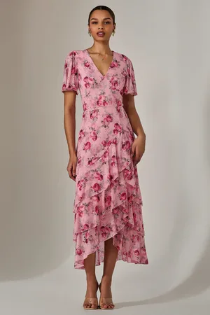 Jolie Moi Mesh Print Frill Hem Midaxi Dress