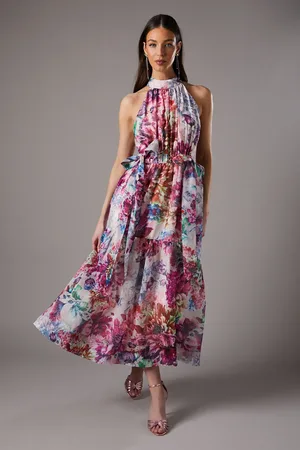 Coast Printed Halter Tiered Maxi Dress With Bow Waist Detail