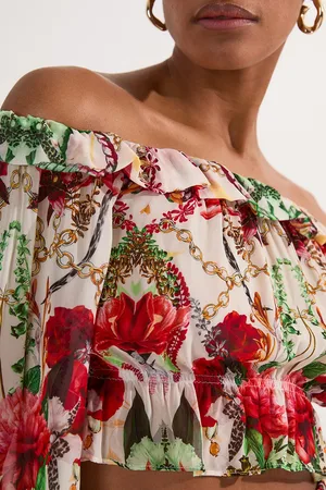 Karen Millen Beach Viscose Georgette Mirrored Rose Print Woven Bardot Top