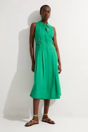 Karen Millen Premium Viscose Linen Topstitch Halter Neck Woven Midi Dress With D Ring Detail