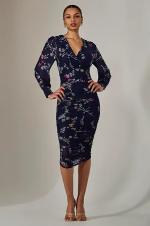 Jolie Moi Mesh Long Sleeve Ruched Bodycon Dress