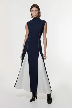 Karen Millen Compact Stretch Tailored Colour Block Full Skirted Midi Dress