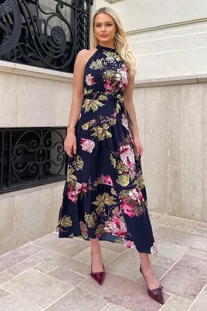 Ax Paris Floral Printed High Neck Tie Belt Midi Dress