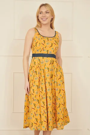 Yumi Floral Skater Dress With Denim Trims