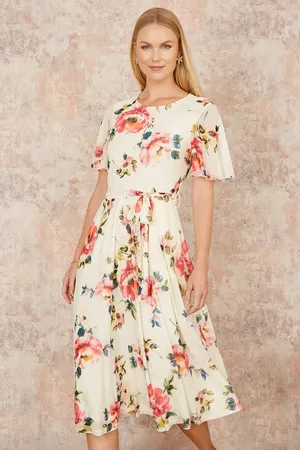 Yumi Mesh Floral Print Midi Dress With Angel Sleeves