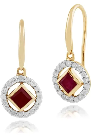 Gemondo Classic Square Ruby & Diamond Halo Drop Earrings in 9ct Yellow Gold