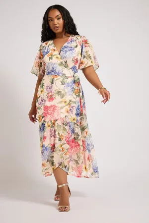 Yours Floral Print Metallic Wrap Dress