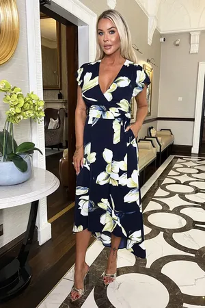 Ax Paris Floral Print Short Sleeve Belted Wrap Midi Dress
