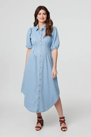 Izabel London Denim 1/2 Puff Sleeve Ruched Maxi Shirt Dress