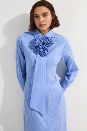 Karen Millen Stripe Cotton Rosette Woven Shirt Maxi Dress