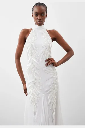 Karen Millen Halter Neck Feather Sequin Detail Woven Maxi Dress
