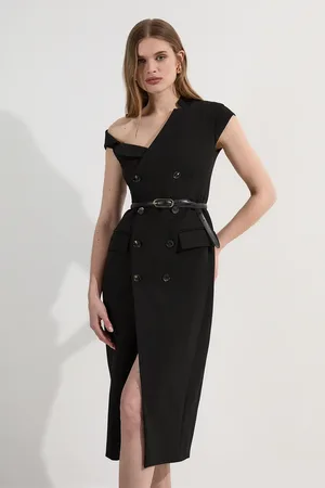 Karen Millen Compact Stretch Asymmetric Collar Tailored Pencil Maxi Dress
