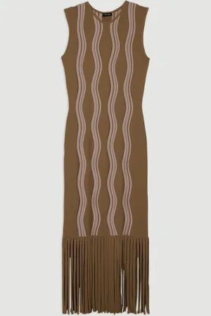 Karen Millen Contrast Wave Knit Dress With Fringing