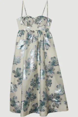 Karen Millen Diamante Trim Bodice Detail Metallic Jacquard Midi Dress