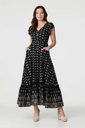 Izabel London Printed V-Neck Lace Hem Maxi Dress