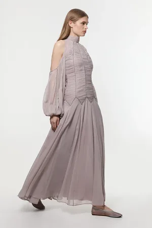 Karen Millen High Neck Embellished Ruched Georgette Woven Maxi Dress