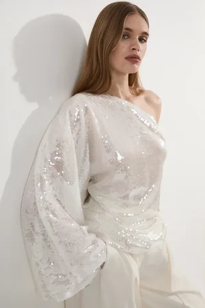 Karen Millen Liquid Shine One Shoulder Woven Sequin Blouse