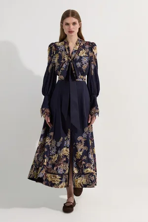 Karen Millen Voile Floral Border Print Woven Maxi Dress With Ladder Lace Trim