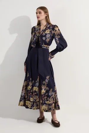 Karen Millen Petite Voile Floral Border Print Woven Maxi Dress With Ladder Lace Trim