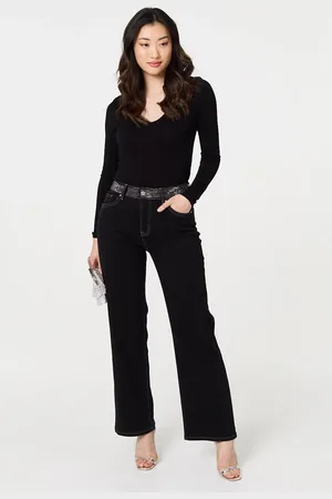 Izabel London Diamante Stud High Waist Straight Jeans