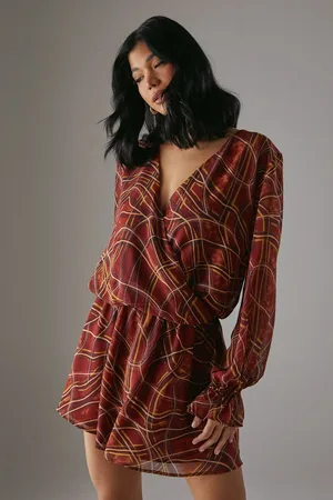 warehouse Chiffon Wrap Drop Waist Mini Dress