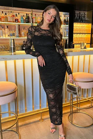 Ax Paris Lace Overlay Long Sleeve Bodycon Midi Dress