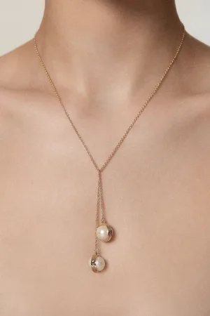 Karen Millen 14kt Plated Logo Pearl Double Drop Necklace