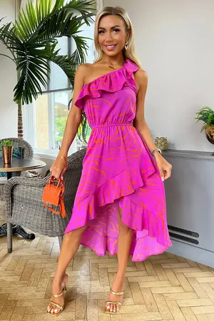 Ax Paris Hot Printed One Shoulder Frill Detail Dipped Hem Dress