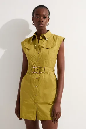 Karen Millen Cotton Sateen Utility Top Stitch Detail Woven Dress With Gold Hardware