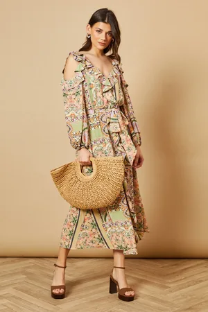 Oasis Paisley Printed V Neck Cold Shoulder Belt Detail Midi Dress