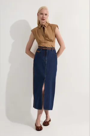 Karen Millen Denim & Faux Leather Tipped Side Pencil Midi Skirt