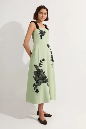 Karen Millen Viscose Linen Placed Floral Lace Embroidered Strappy Midi Dress