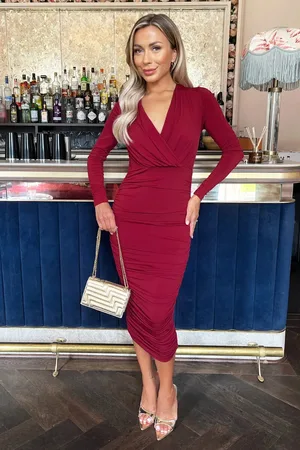 Ax Paris Wrap Top Long Sleeve Ruched Bodycon Midi Dress
