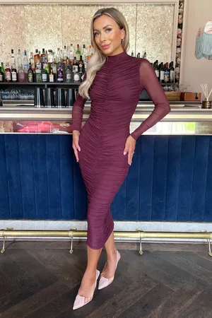 Ax Paris High Neck Long Sleeve Ruched Bodycon Mesh Midi Dress
