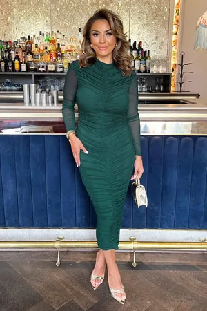 Ax Paris High Neck Long Sleeve Ruched Bodycon Mesh Midi Dress