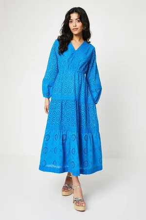 Oasis Petite Broderie Trim Detail Puff Sleeve Midi Dress