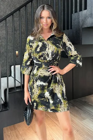 Ax Paris Smudge Print 3/4 Sleeve Gathered Waist Mini Shirt Dress