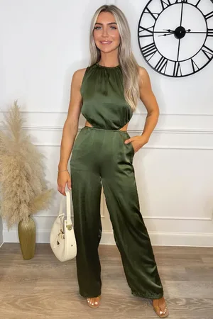 Ax Paris Satin Cut Out Waist Full Length Jumpsuit