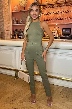 Ax Paris Belted High Neck Cargo Jumpsuit