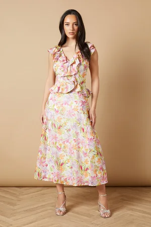Oasis Floral Ruffle Detail V Neck Midi Dress