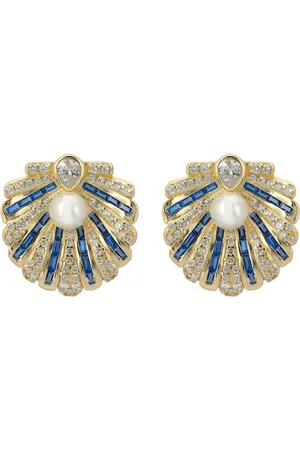 Latelita Art Deco Scallop Shell Earrings Sapphire Blue With Pearl Gold