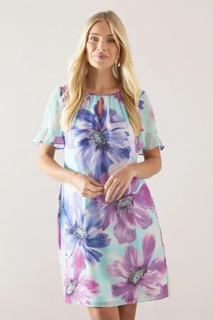 wallis Petite Floral Ruffle Sleeve Button Shift Dress