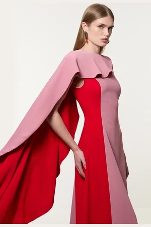 Karen Millen Soft Tailored Colour Block Cape Detail Full Skirted Maxi Dress