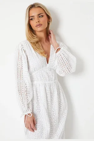 Oasis Petite Broderie Tie Front Puff Sleeve Midi Dress