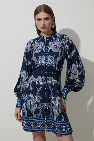 Karen Millen Viscose Linen Mirrored Floral Woven Mini Dress With Raffia Belt