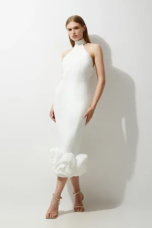 Karen Millen Figure Form Bandage Ruffle Hem Halter Knit Midi Dress