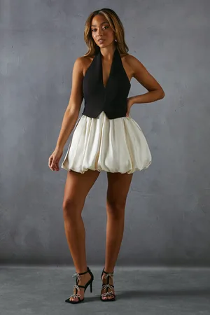 MissPap Halter Neck Contrast Puffball Mini Dress